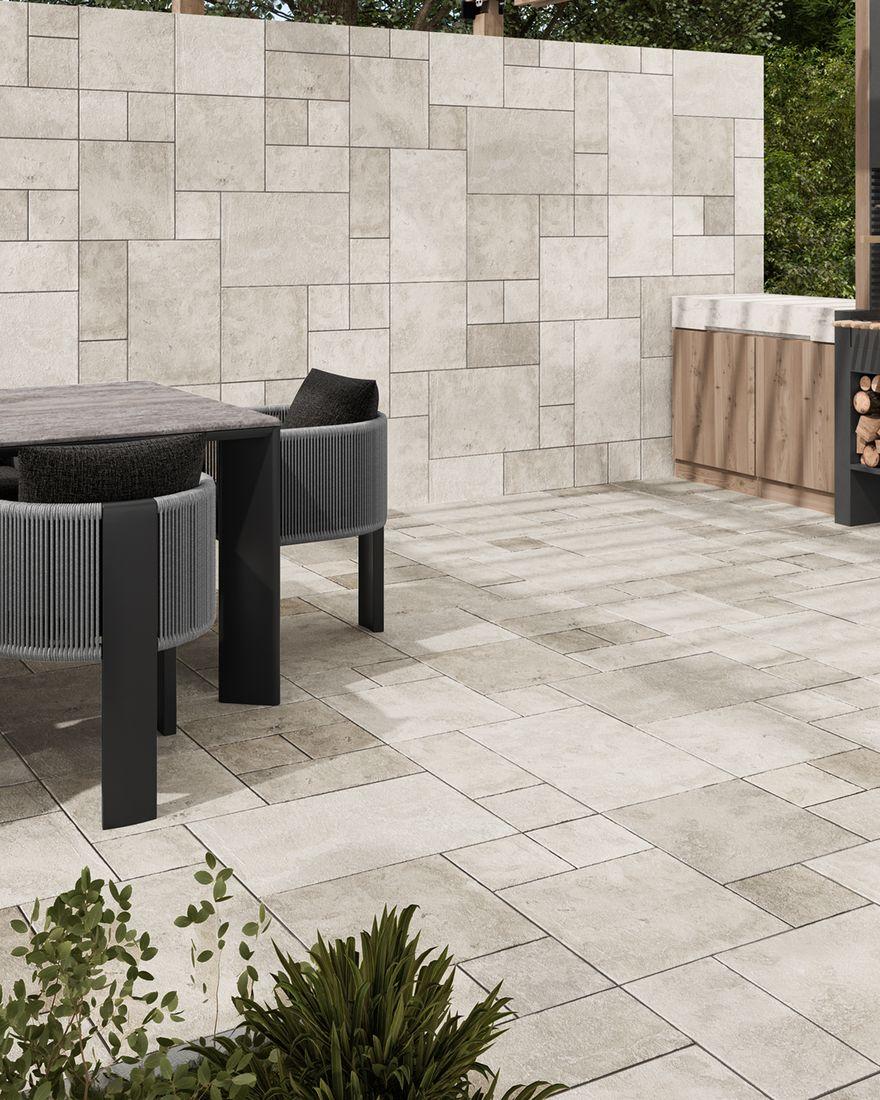Moon — Effet pierre quartzite en White, Perla et Grey, avec Mureto assorti.