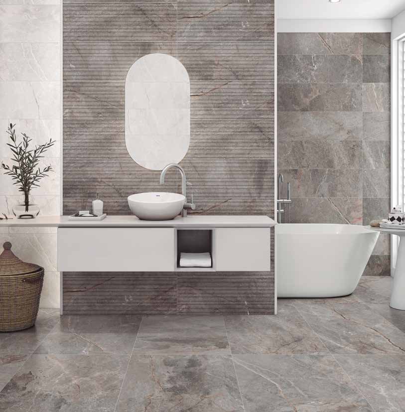 Galaxy — Piedra veteada en Pearl y Grey, con pieza decorativa.